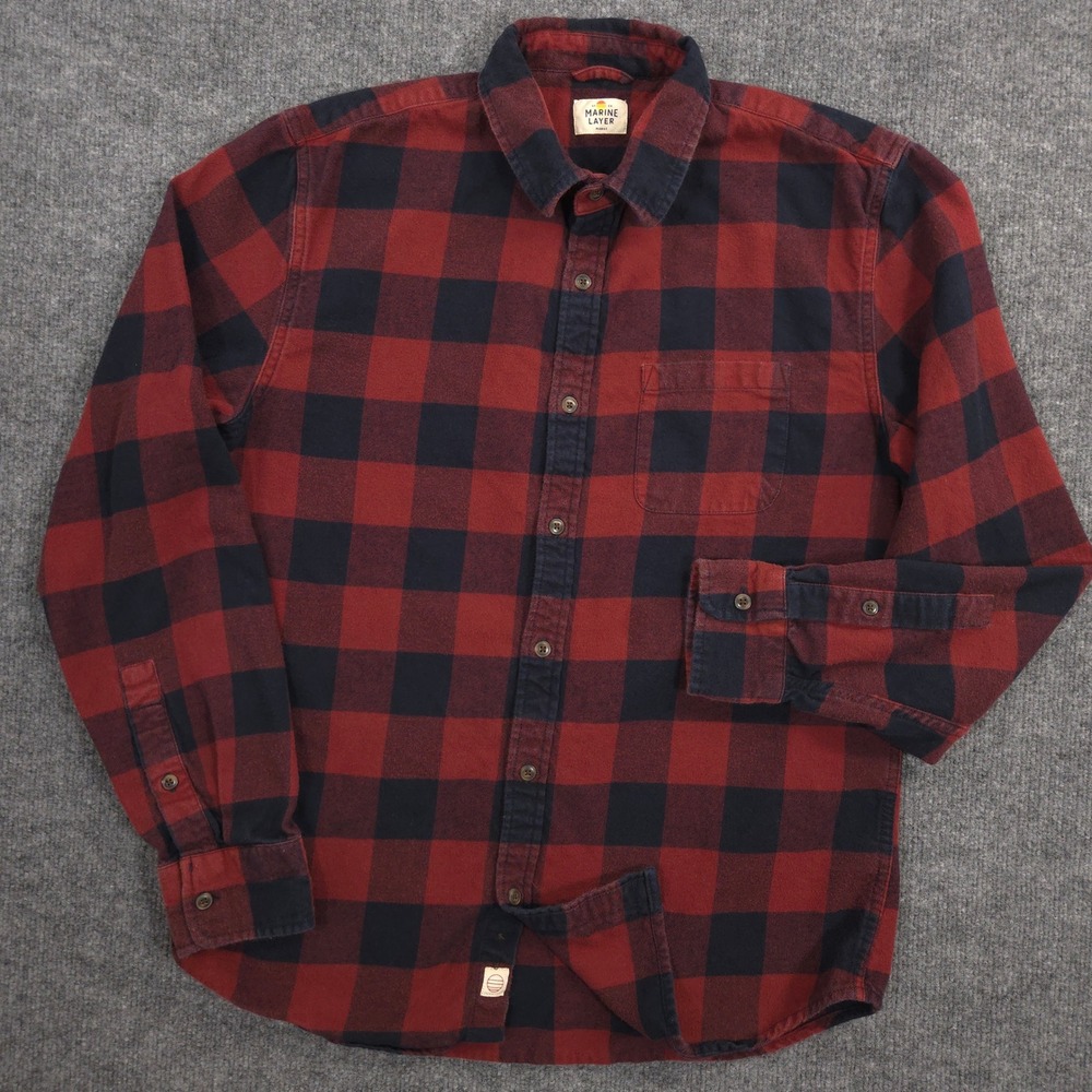 Marine Layer Flannel Shirt Mens Marge (M-L) Brick Red Buffalo Check Work Chore